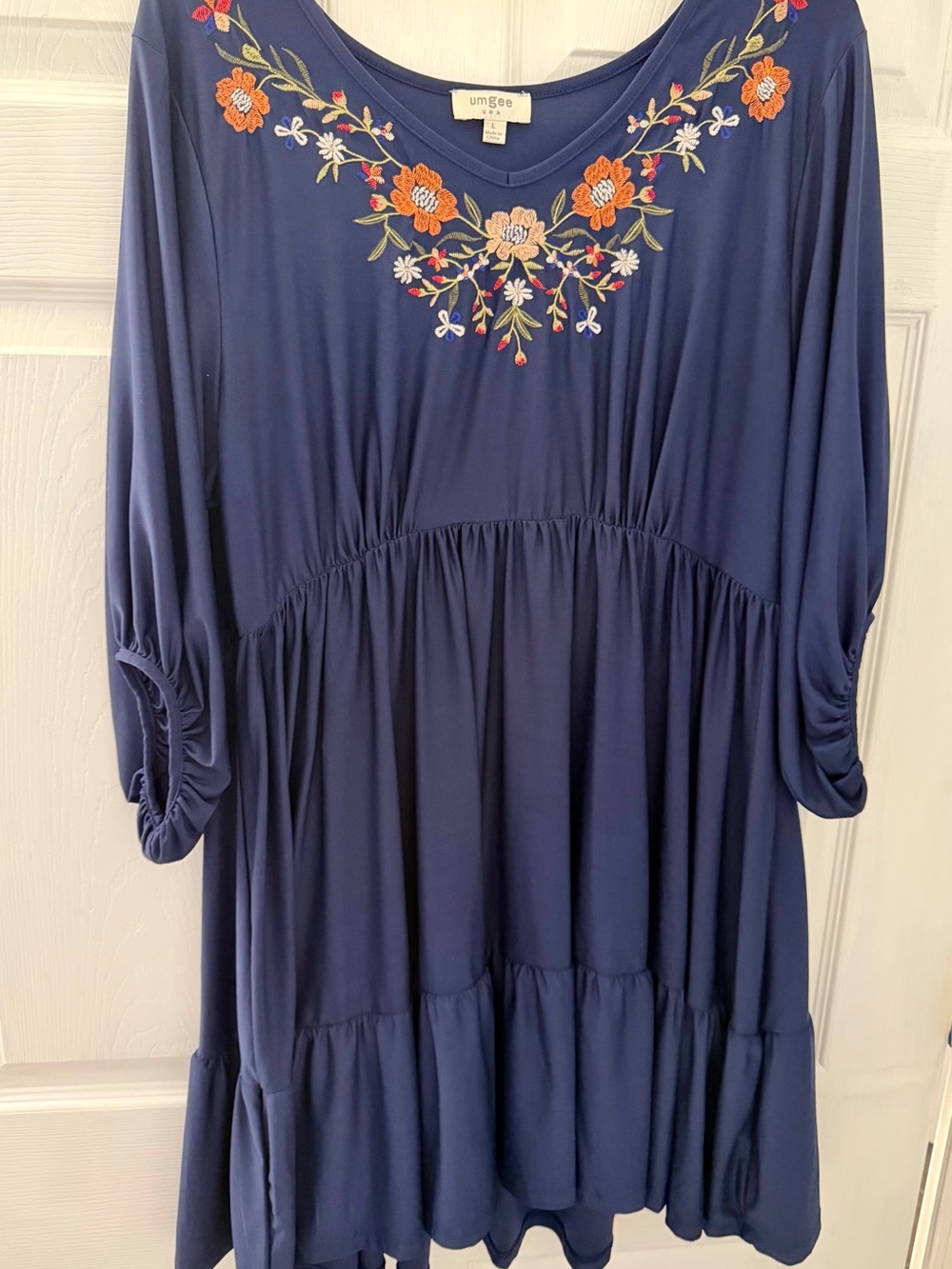 Umgee Navy Floral Embroidered V-Neck Tiered Tunic Dress